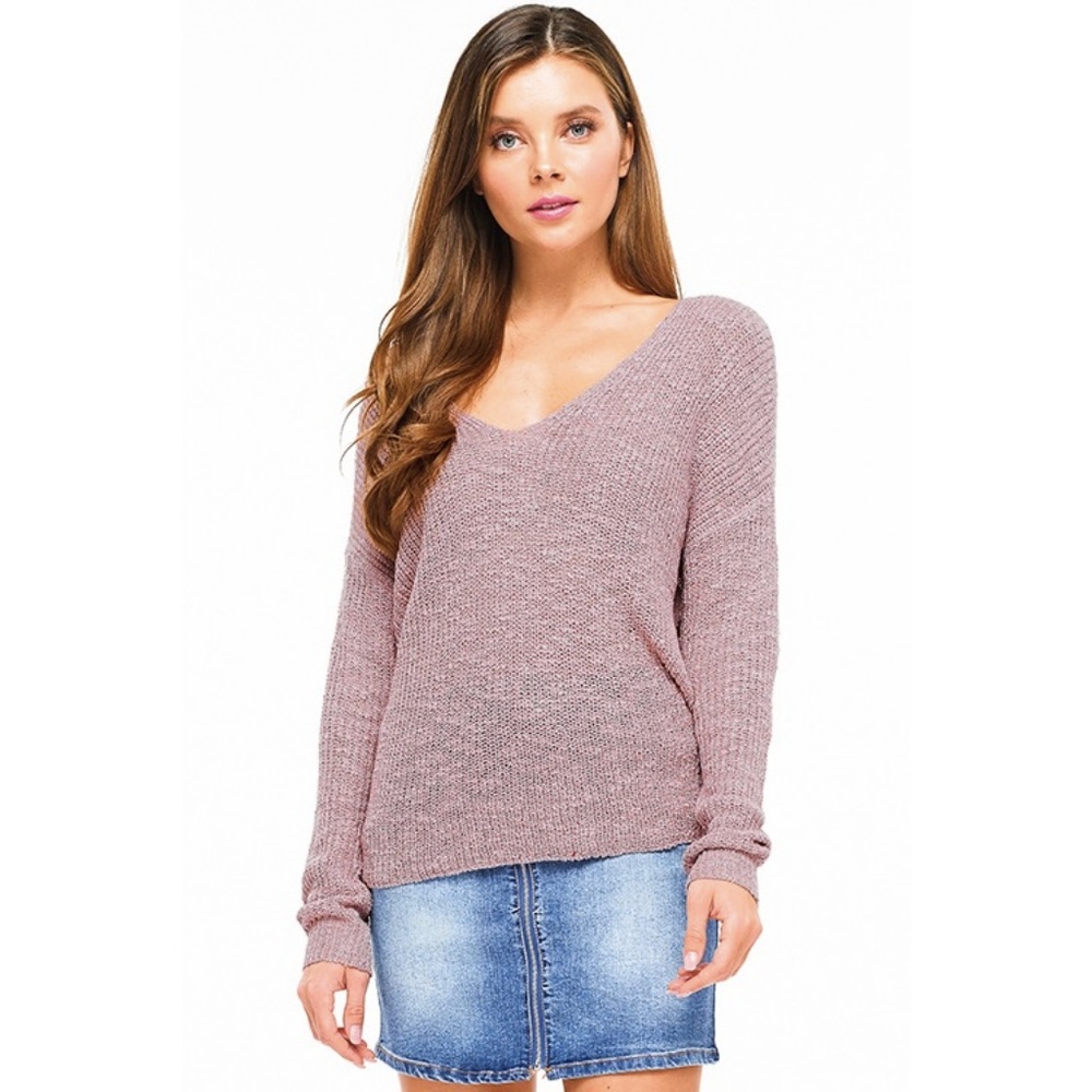 Mauve Knit Long Sleeve V Neck Knotted Sweater - Picture 2 of 3